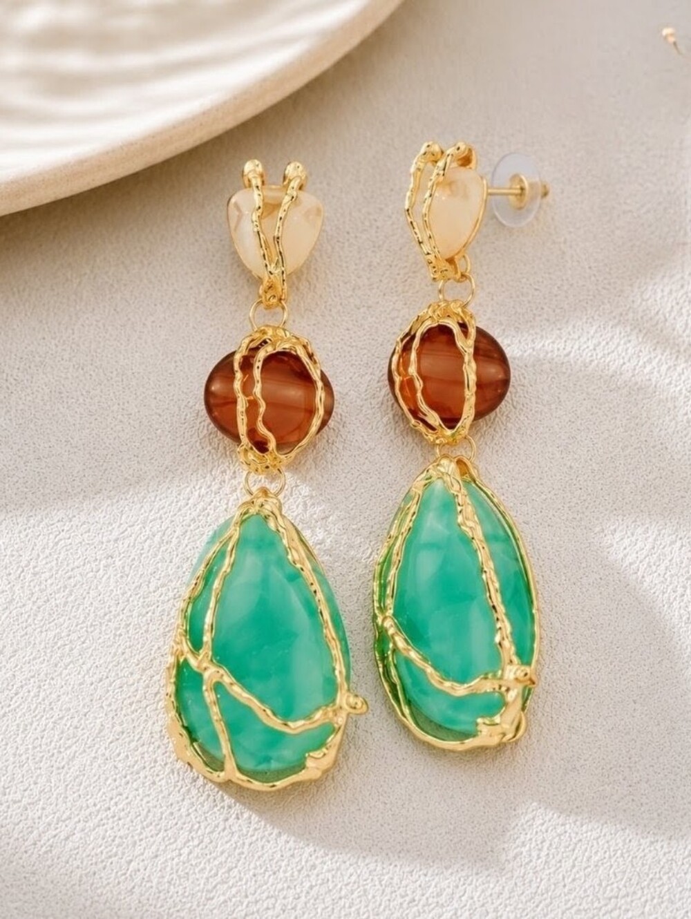 Gold-Trim Teardrop Statement Earrings Off White, Amber, Green